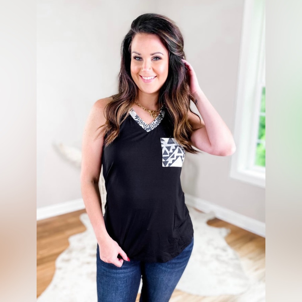 Avery- black tank top with Aztec trim detail and pocket- size medium